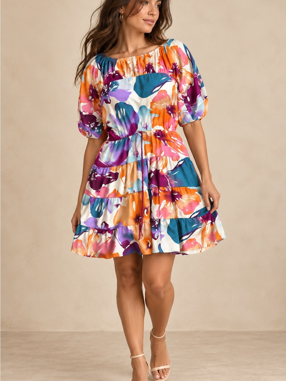 Loft Floral Watercolor Puff-Sleeve Tiered Dress - Size 10